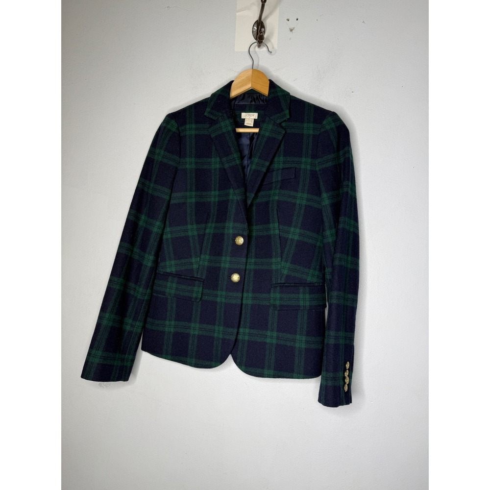 J crew Schoolboy Blazer Black Watch Tartan Plaid Wool Navy Green Gold Button 2